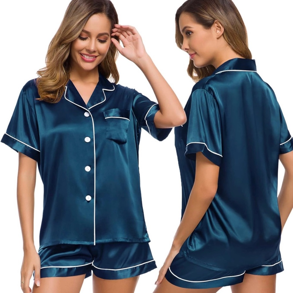 NWT Womens Teal Navy Silk Satin Pajama Set